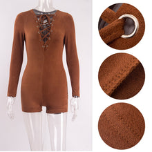 Women Sexy Elegant Suede Fabric Jumpsuit Plunge V Neck Bandage Bodysuit Casual Long Sleeve Evening Jumpsuit SM6