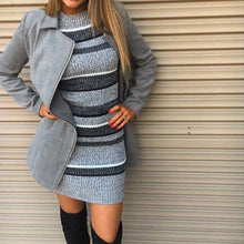 Women Knitted Striped Dress Bodycon Half Sleeve Ribbed Stretchy Long Sweater Jumper Dress Dark Blue Ladies Fall Dress SM6