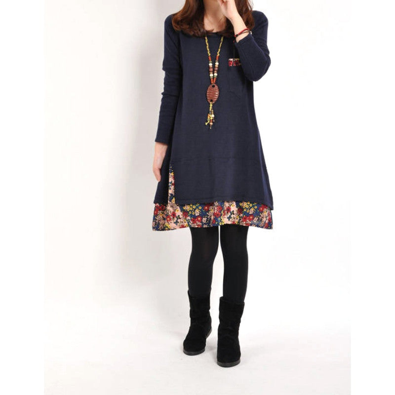 Women Floral Pieced Loose Casual Pullover WarmSkirt Dress Clothing SM6