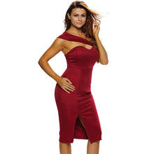 Women Bodycon Midi Dress Padded Tube Asymmetrical Shoulder Bandage Dress Split High Waist Evening Party Gown Pencil Dress Red SM6
