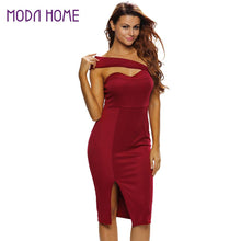 Women Bodycon Midi Dress Padded Tube Asymmetrical Shoulder Bandage Dress Split High Waist Evening Party Gown Pencil Dress Red SM6
