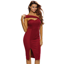 Women Bodycon Midi Dress Padded Tube Asymmetrical Shoulder Bandage Dress Split High Waist Evening Party Gown Pencil Dress Red SM6