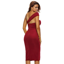 Women Bodycon Midi Dress Padded Tube Asymmetrical Shoulder Bandage Dress Split High Waist Evening Party Gown Pencil Dress Red SM6