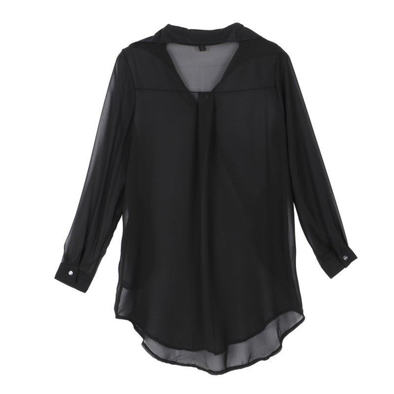 Women Casual Loose Long Chiffon Shirts Long Sleeve Turn Down Collar Sexy Blouses Tops Plus Size Mini Dress Vestidos SM6