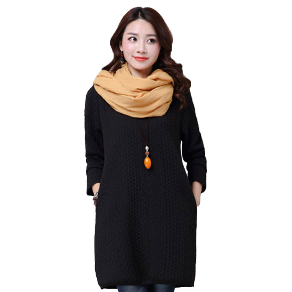Women Casual Warm Dress Ladies Long Sleeve Crewneck Jumper Slim Pockets Knitted Sweater Mini Dress Vestidos Mujer  SM6