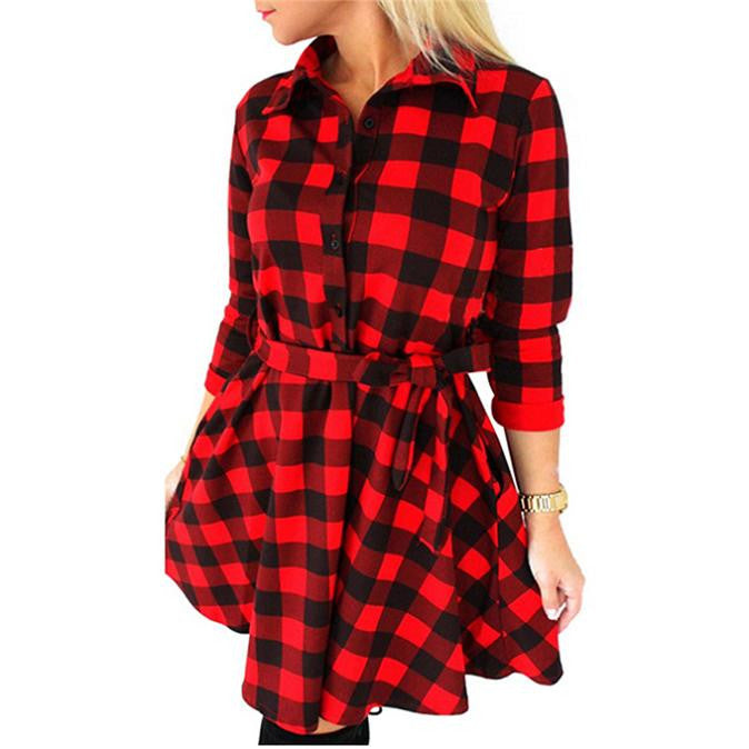 Women Check Tartan Plaid Mini Bandage Dress 3/4 Sleeve Jumper Shirt Dresses Tops SM6