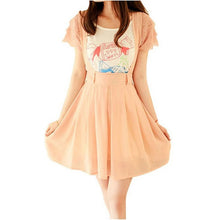 Women Chiffon Flared Skirt With Suspenders Braces Pastel Elastic Waist Solid Skirts New SM6