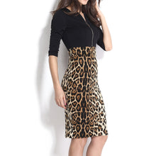 Women Dress Front Zipper Patchwork Leopard Print O Neck Half Sleeves OL Casual Vestidos Elegant OL Bodycon Dresses SM6