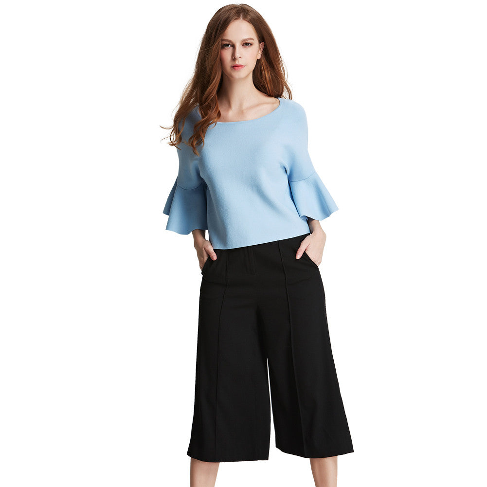 Women Knitted Sweater Batwing Flare Butterfly Sleeves Cropped Women Tops O Neck Casual Crop Top Pullover WhitePinkBlue SM6