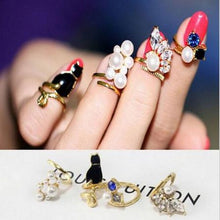 Women Knuckle Rings 4pc Blue Crystal Black Cat Created Pearls Zircon Nail Rings SM6