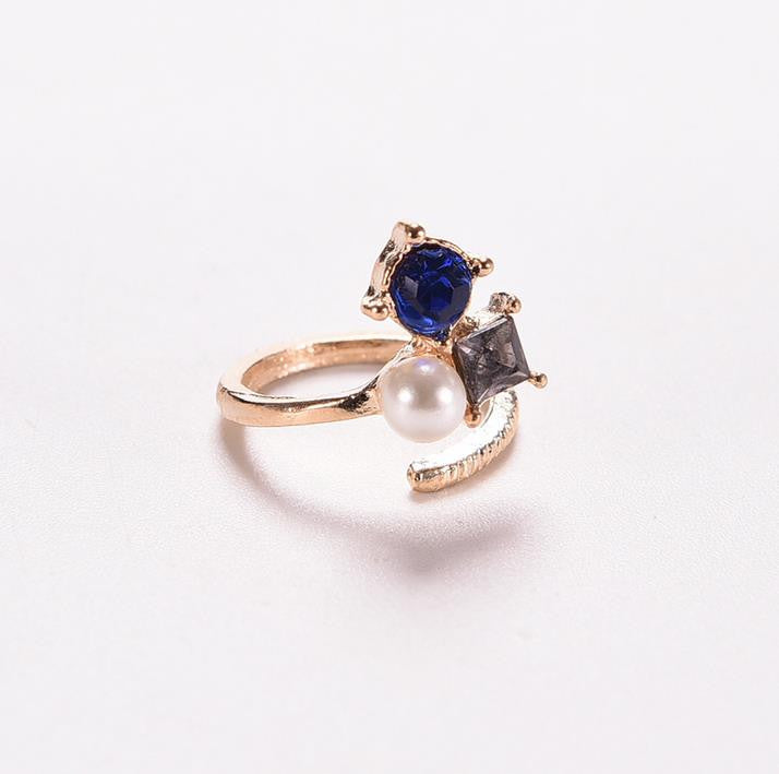 Women Knuckle Rings 4pc Blue Crystal Black Cat Created Pearls Zircon Nail Rings SM6