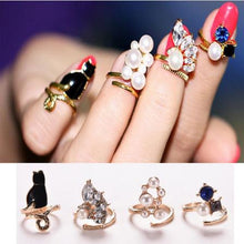 Women Knuckle Rings 4pc Blue Crystal Black Cat Created Pearls Zircon Nail Rings SM6
