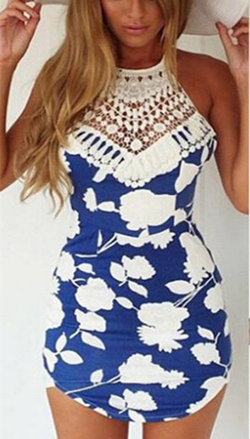Women Lace Halter Bodycon Mini Dress Back Cross Off- Shoulder Party Floral Dresses Beachwear Freeshiping SM6