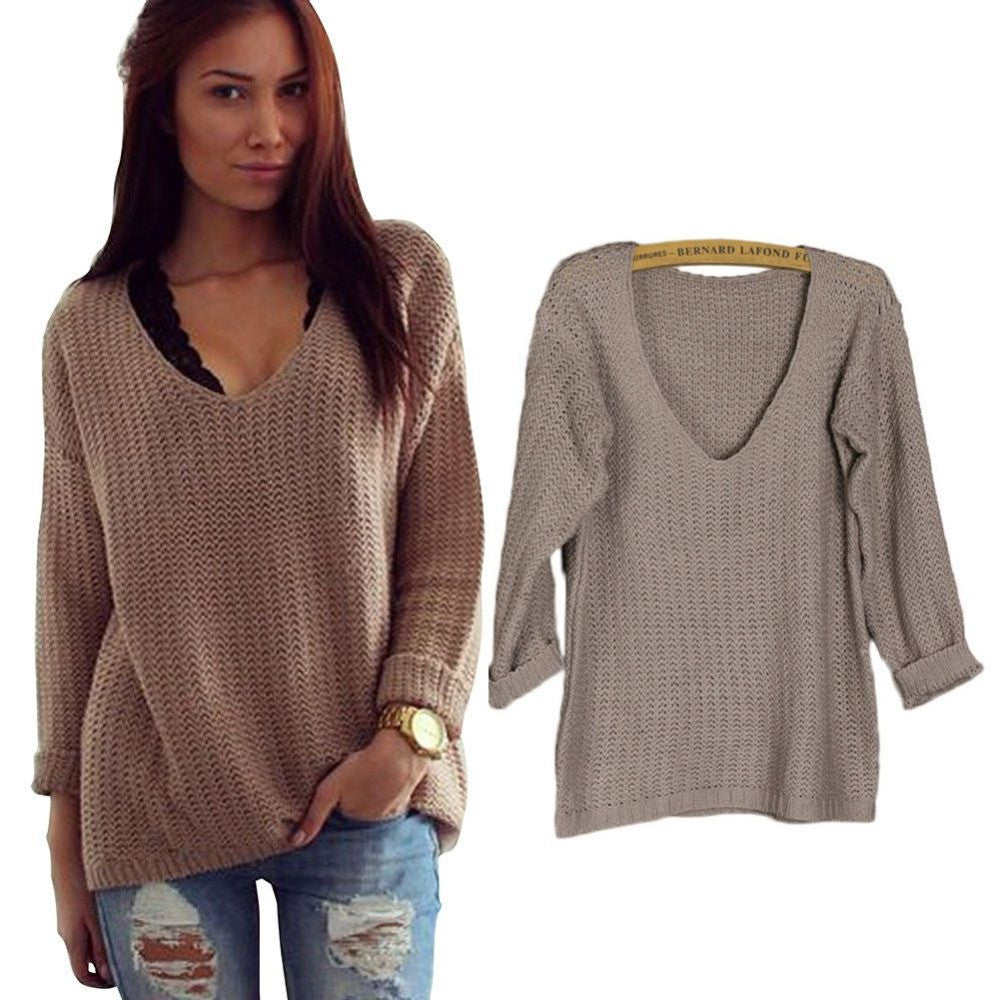 Women Long Sleeve Pullover Loose Tops Coat V-Neck Casual Sweater Knitwear BlouseSM6