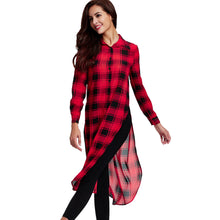 Women Plaid Long Blouse Split High Low Hem Button Camisas Femininas Turn-Down Collar Long Sleeve Casual Loose Shirts Red SM6