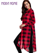 Women Plaid Long Blouse Split High Low Hem Button Camisas Femininas Turn-Down Collar Long Sleeve Casual Loose Shirts Red SM6