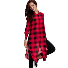 Women Plaid Long Blouse Split High Low Hem Button Camisas Femininas Turn-Down Collar Long Sleeve Casual Loose Shirts Red SM6