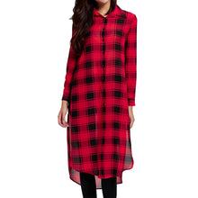 Women Plaid Long Blouse Split High Low Hem Button Camisas Femininas Turn-Down Collar Long Sleeve Casual Loose Shirts Red SM6