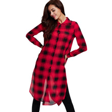 Women Plaid Long Blouse Split High Low Hem Button Camisas Femininas Turn-Down Collar Long Sleeve Casual Loose Shirts Red SM6