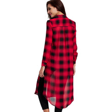 Women Plaid Long Blouse Split High Low Hem Button Camisas Femininas Turn-Down Collar Long Sleeve Casual Loose Shirts Red SM6