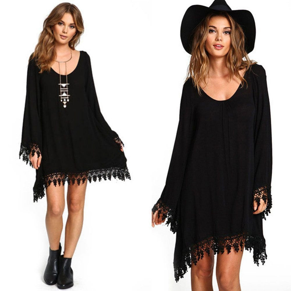 Women Soft Tassel Boho Long Sleeve Loose Dress Casual Jumper Party Mini Dresses SM6