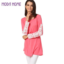 Women T-Shirt Crochet Lace Splicing Womens Tops O Neck Long Sleeve Casual Long Plus Size Top Pullover Black Tee SM6