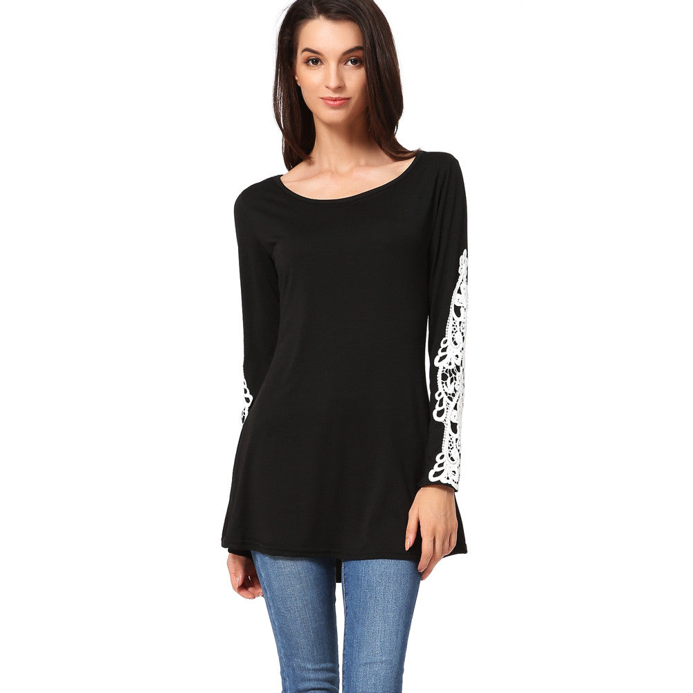 Women T-Shirt Crochet Lace Splicing Womens Tops O Neck Long Sleeve Casual Long Plus Size Top Pullover Black Tee SM6
