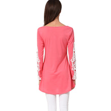 Women T-Shirt Crochet Lace Splicing Womens Tops O Neck Long Sleeve Casual Long Plus Size Top Pullover Black Tee SM6