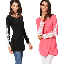 Women T-Shirt Crochet Lace Splicing Womens Tops O Neck Long Sleeve Casual Long Plus Size Top Pullover Black Tee SM6