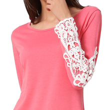 Women T-Shirt Crochet Lace Splicing Womens Tops O Neck Long Sleeve Casual Long Plus Size Top Pullover Black Tee SM6