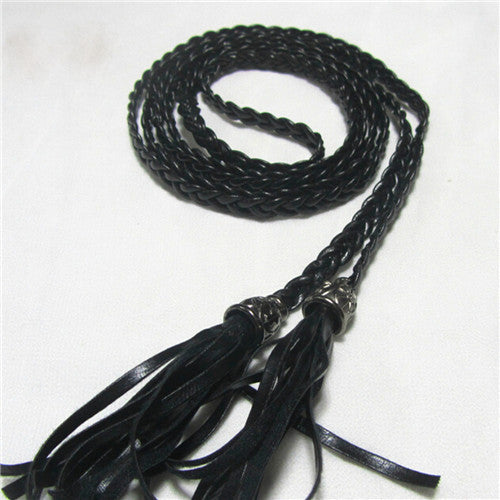 Women Thin Long PU Leather Woven Belt Tassel Clothing Waist Strap Braided Belt P16 SM6