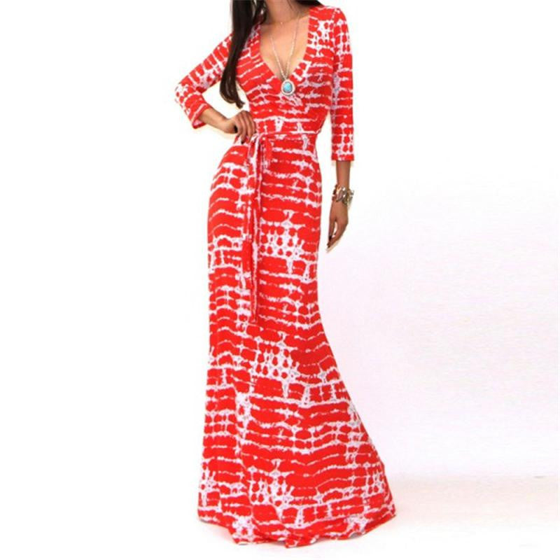 Women V-Neck Long Maxi Cocktail Party Ball Gown Belted Floor-Length Sexy Printed Dress P16 SM6