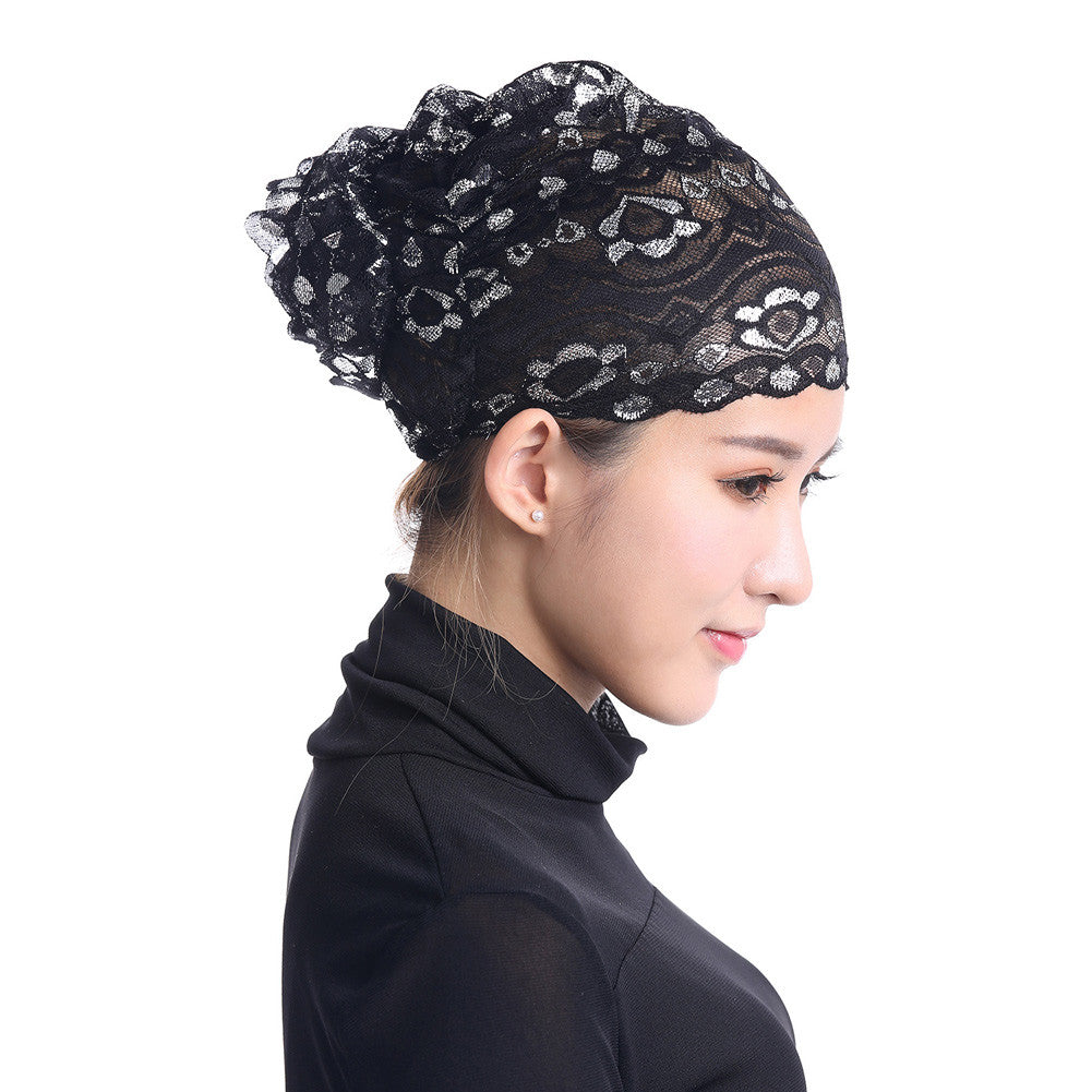 Women's Muslim Hijab Lace Turban Flower Bling Bling Islamic Bonnet Underscarf Inner Cap Stretchy Hat Glitter Headwear Head Wraps SM6