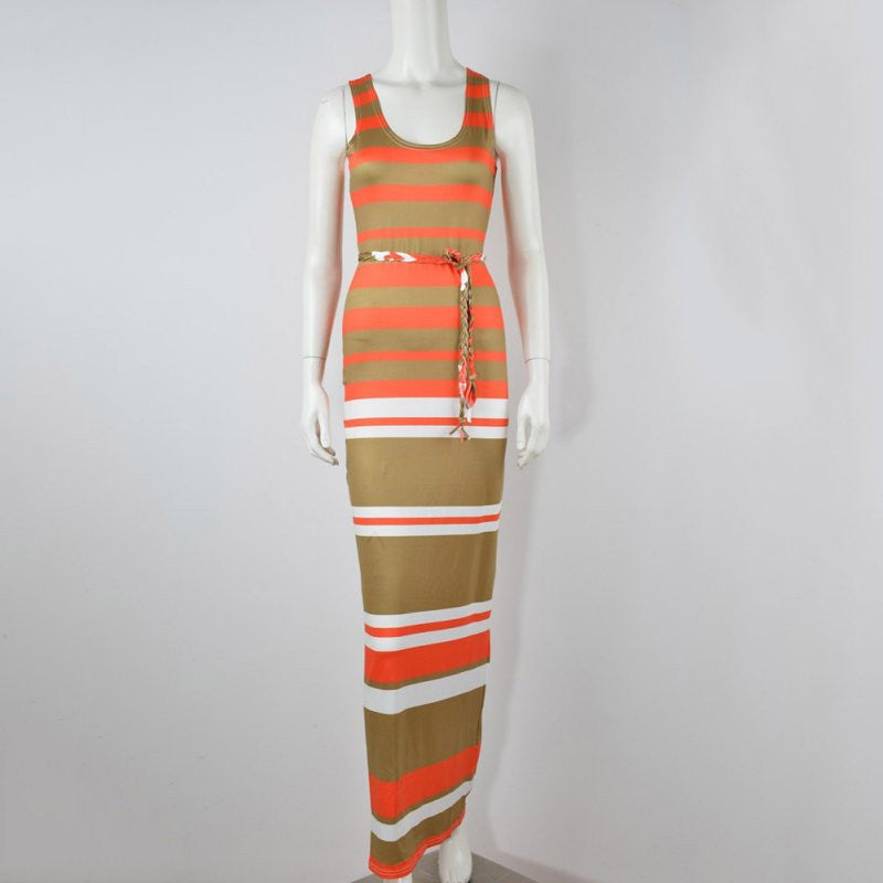 Women's Boho Long Maxi Dress Sleeveless O Neck Evening Party Beach Striped Dresses Sundress PY3 SM6