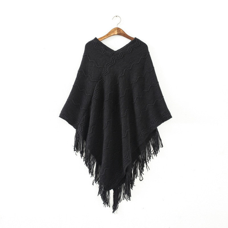 Womens Fringed Tassels Bat Sleeve Pullover Jumper Knit Sweaters Top Poncho ShawlSM6