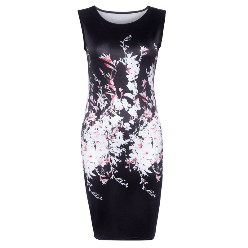 Womens Sexy Dresses Ladies Elegant Black Sleeveless Knee Length Floral Print Sheath Dress SM6