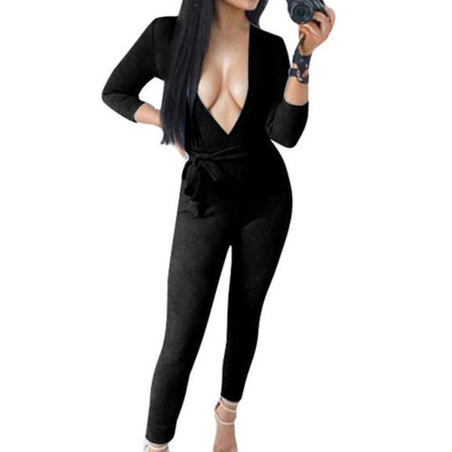 combinaison femme  Sexy Women Elegant Jumpsuits Bodycon Deep V Neck Long Sleeve  Rompers Womens Jumpsuit SM6