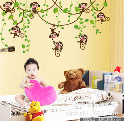 cute mini monkeys vinyl wall stickers decals children animals plants wallpaper mural girls boys kids home bedroom nursery decor SM6