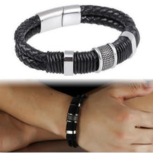 men stainless steel leather braid Bracelet with magnetic buckle   leather bracelet SM6