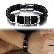 men stainless steel leather braid Bracelet with magnetic buckle   leather bracelet SM6