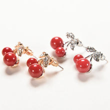 woman jewelry Women Lovely Red cherry earrings Rhinestone leaf bead stud earrings SM6