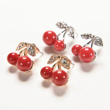 woman jewelry Women Lovely Red cherry earrings Rhinestone leaf bead stud earrings SM6