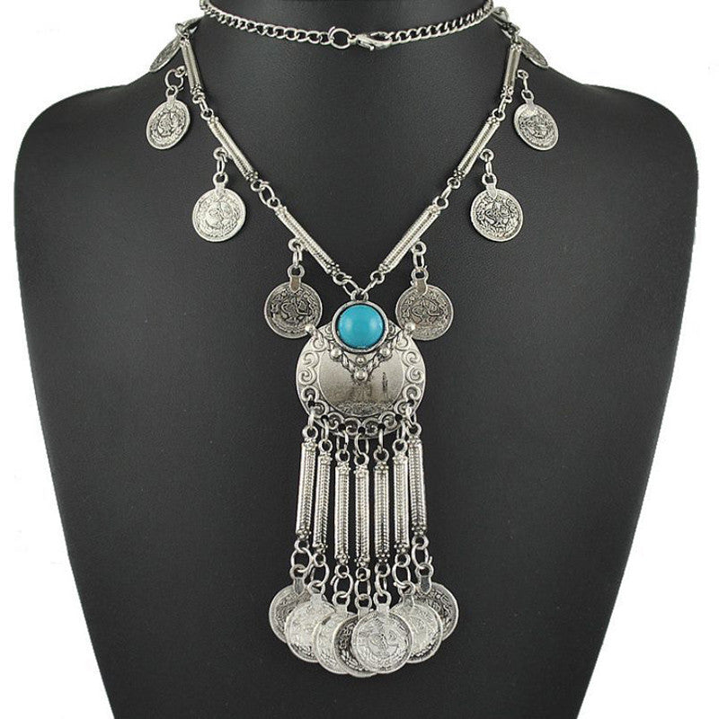 women Bohemian Vintage Coin Long Pendant Necklace Silver Chain Gypsy Tribal Ethnic silver jewelry Tassel Necklace SM6