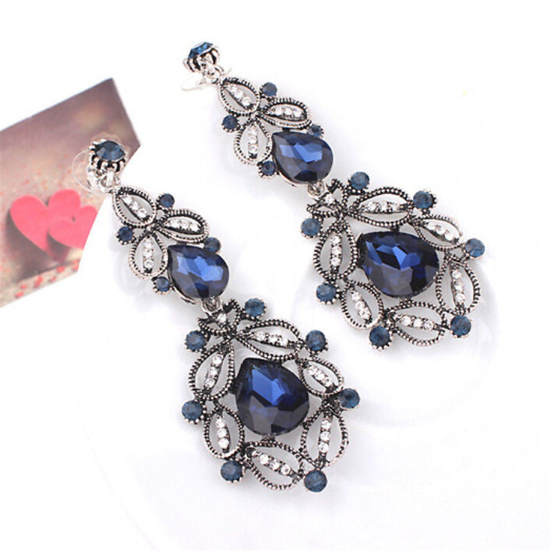 women vintage flower style silver jewelry wedding accessories dangle earrings Big long Rhinestone drop earrings SM6